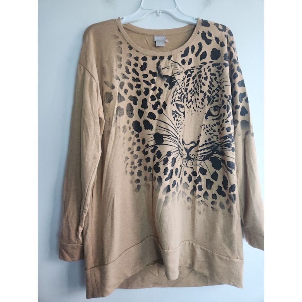 Chico's Brown w/"Tiger" Print Cotton/Modal Blend Tunic Blouse size 1 or US 10